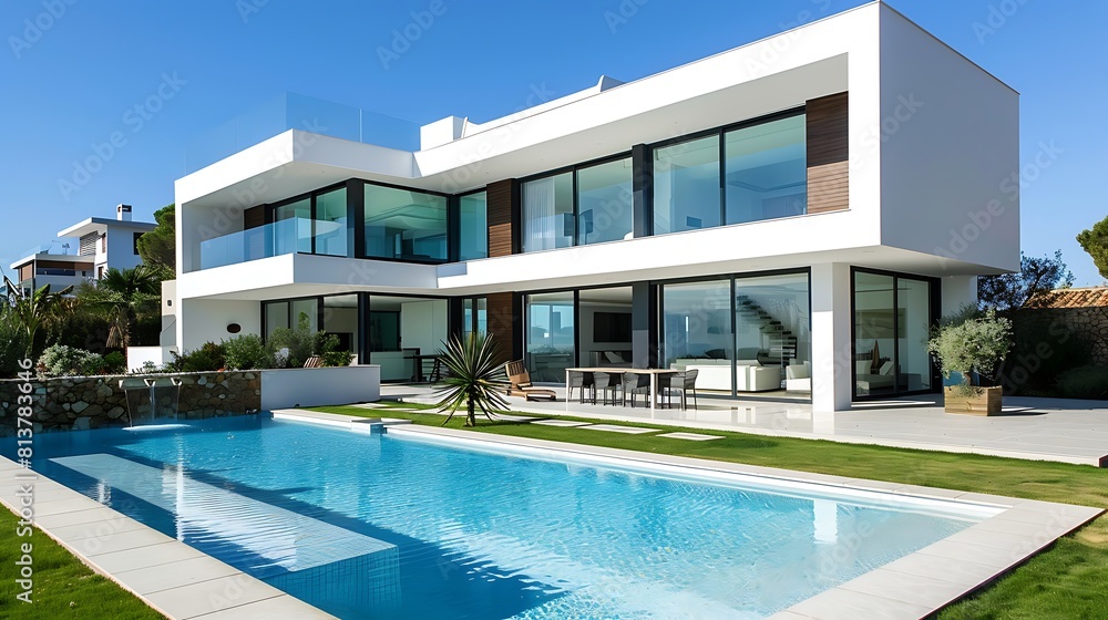 Modern villa with swimming pool in Alfachyp Spain. Luxury home real estate exterior design with white walls and glass windows  