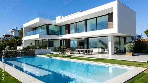 Modern villa with swimming pool in Alfachyp Spain. Luxury home real estate exterior design with white walls and glass windows 