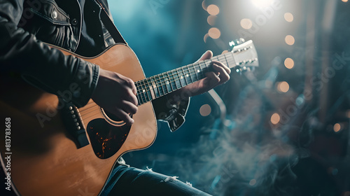 Guitarist playing an acoustic guitar on a stage in a nightclub photo