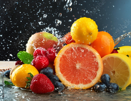 Water-Soaked Fresh Oranges  Lemons  and Strawberries