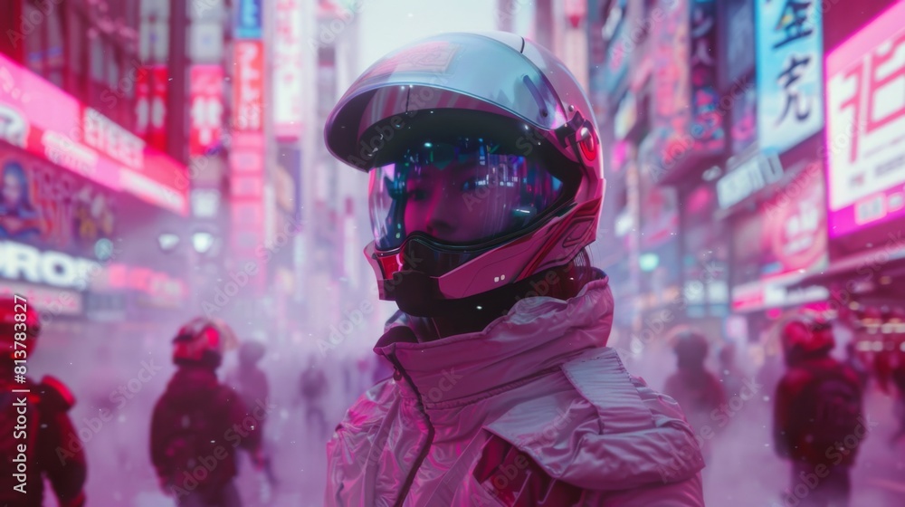 A futuristic astronaut-like figure stands in a neon-lit, crowded cityscape, suggesting a blend of space exploration themes with urban cyberpunk aesthetics. A futuristic astronaut-like figure stands in a neon-lit, crowded cityscape, suggesting a blend of space exploration themes with urban cyberpunk aesthetics.
