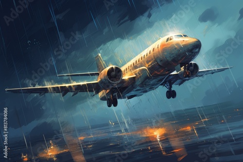 Artistic depiction of a jet airliner soaring amidst heavy rain and dramatic lighting photo