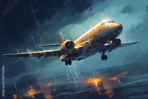 Wallpaper Mural Artistic depiction of a jet airliner soaring amidst heavy rain and dramatic lighting Torontodigital.ca