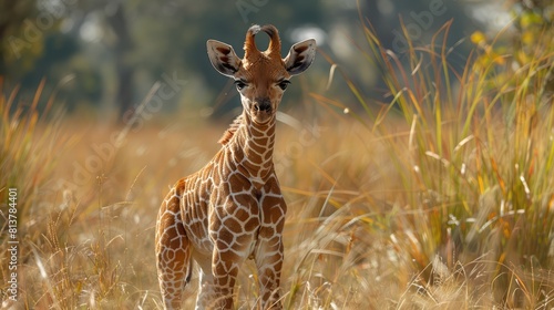 Portrait of young Masai giraffe (Giraffa camelopardalis tippelskirchii) standing in the long grass on a sunny day Generative AI photo