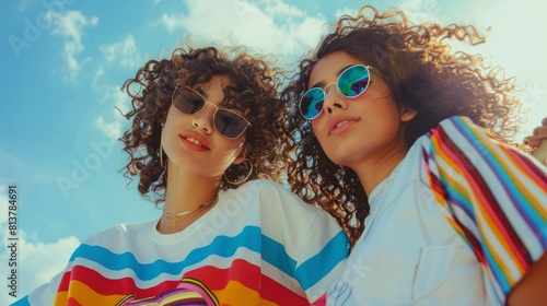 Close-up portrait of two attractive girls with long hair posing to the camera in city. They wear summer clothes, pride flag t-shirt and sunglasses.  photo