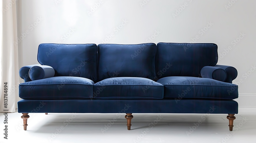 Sofa navy blue sofa with wooden legs and white walls in the background 