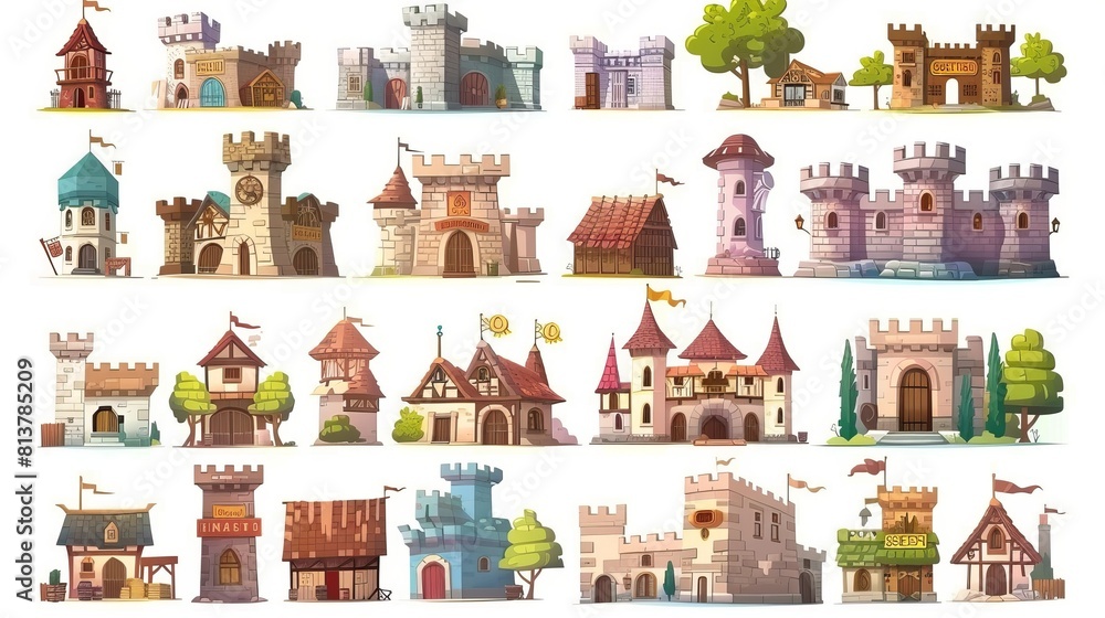 Buildings from a medieval village isolated on white background. Cartoon illustration of a castle, fortress, windmill, barn, shop, and house from a medieval village.