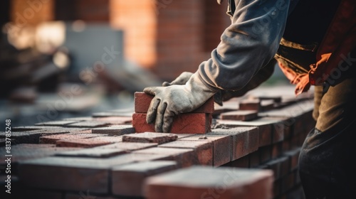 A worker wearing gloves is laying bricks on the wall, a close-up of hands and brickwork on a construction site photo