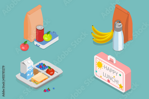 3D Isometric Flat Vector Set of School Lunch Boxes, Kids Snacks