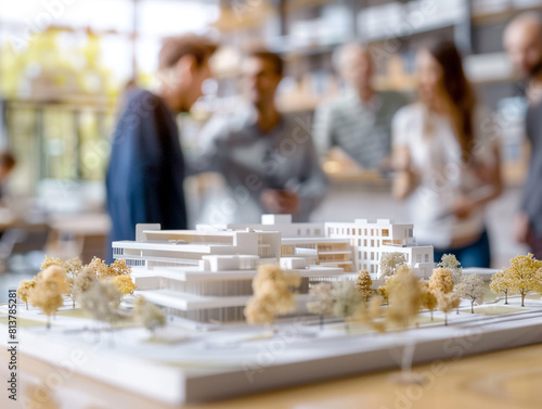 Co-workers gathered around the architectural model. Focused to the model. Blurred background. 