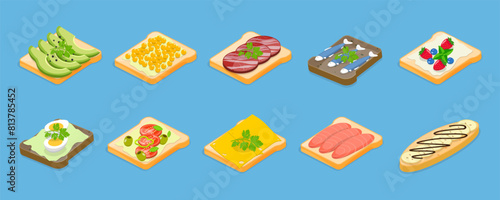 3D Isometric Flat Vector Illustration of Tasty Breakfast, Healthy Toasts Set