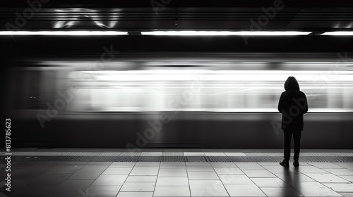 A quiet figure waiting as a subway rushes into the station, blurred motion, side view, swift solitude, futuristic tone, black and white