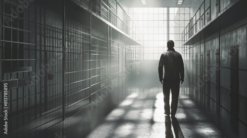 silhouette of a person in jail corridor