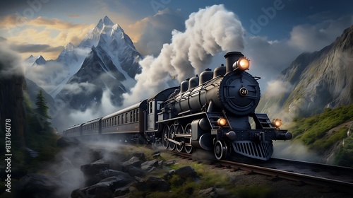 A steam locomotive chugging through the mountains photo