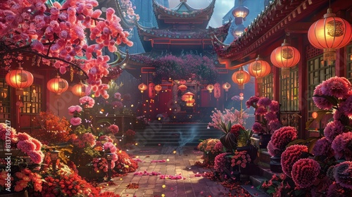 Ornate Buddhist temple decorated with vibrant flowers and lanterns, honoring sacred Buddhist holidays. photo