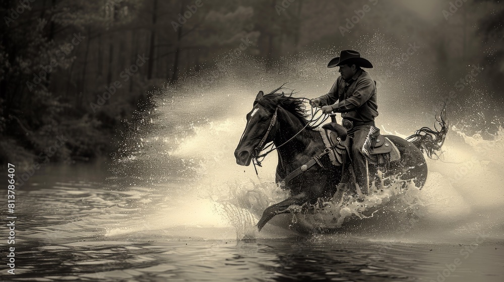 A man riding a horse through the water with his hat on, AI A man riding a horse through the water with his hat on, AI