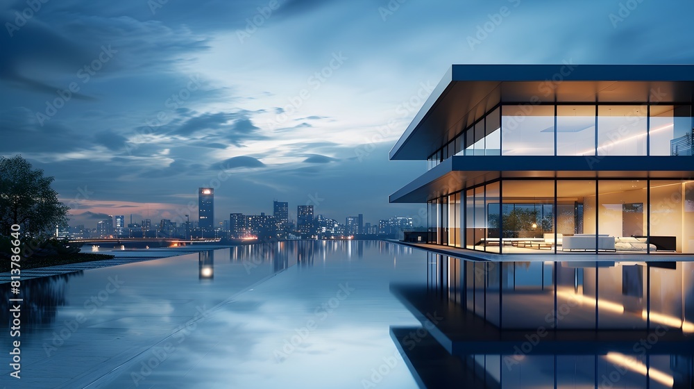 Fototapeta premium Illuminated Geometric Residence with Sleek,Angular Design Reflecting Cityscape in the Evening