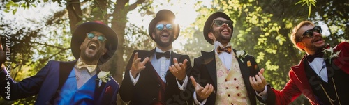 Several men dressed in tuxedos and bow ties posing for a picture. Bachelor party concept . Banner photo