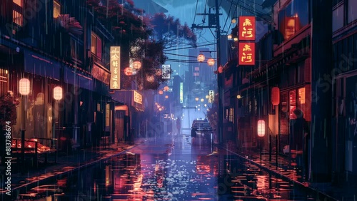 Retro neon city street at night with lofi chill vibes and rainy atmosphere. looping time-lapse video animation background