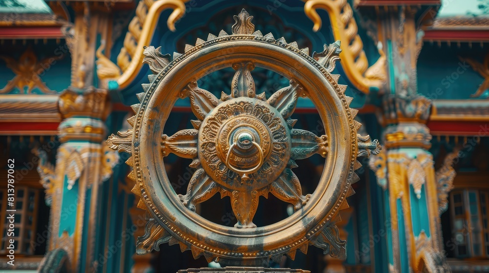 Obraz premium Dhamma wheel symbol against a backdrop of traditional temple architecture, representing Buddhist teachings on holy days.