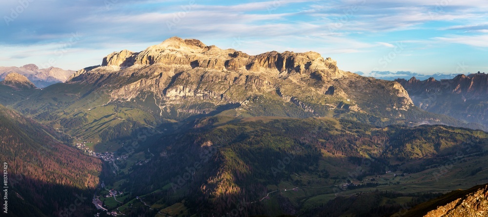 morning panoramic view of mount Sella Alps Dolomites