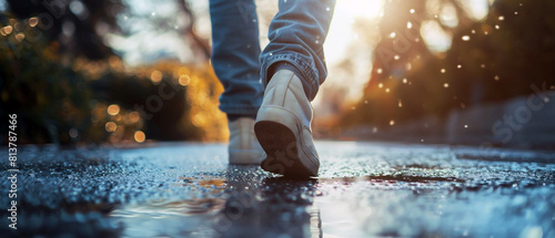 A young man walking on the wet asphalt of a street. Sunset, late afternoon sunlight. Ground level viewpoint. Legs and shoes are visible.
