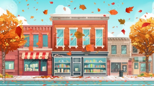 Various autumnal scenes. Bookstore building with glass window facade and city background. Falling leaves and wind near sidewalk shopfront showcase. Vintage urban house design.