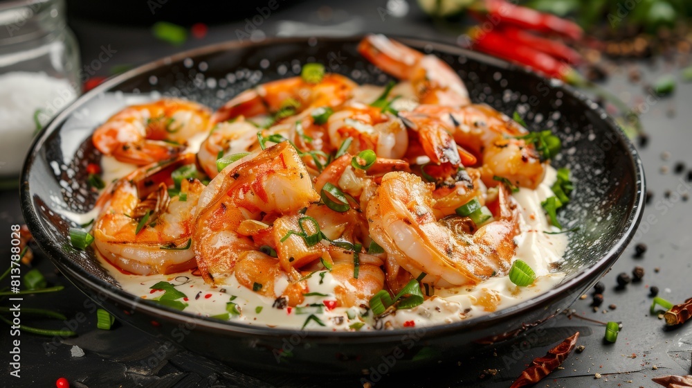 American cuisine. Shrimp with tequila, cream and green onions. American cuisine. Shrimp with tequila, cream and green onions.