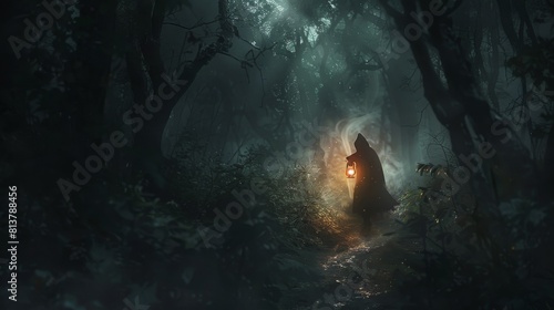 Mysterious Figure with Lantern in Dark Forest Setting.