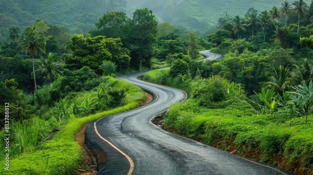 winding country road flanked by lush greenery, inviting travelers on a scenic journey.