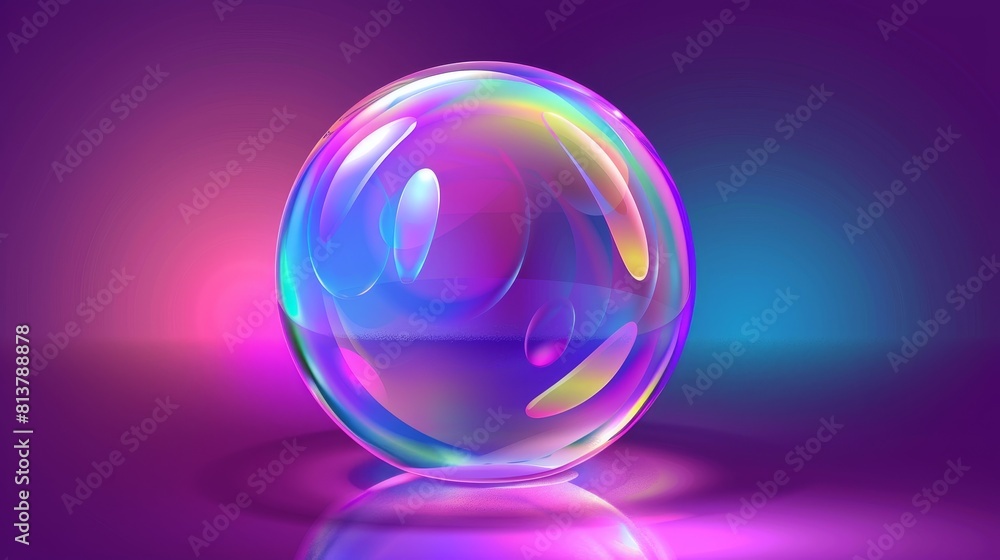 This 3D iridescent fluid glass spectrum foam modern shows a realistic transparent soap bubble with neon rainbow-colored neon light texture. Shampoo or powder abstract blow object icon. This 3D iridescent fluid glass spectrum foam modern shows a realistic transparent soap bubble with neon rainbow-colored neon light texture. Shampoo or powder abstract blow object icon.