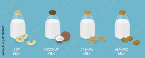 3D Isometric Flat Vector Illustration of Vegan Milk, Plant Based Diet, Healthy Organic Lactose Free Beverage