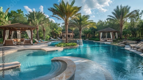 tropical pool oasis with palm trees and cabanas, the perfect getaway for relaxation.