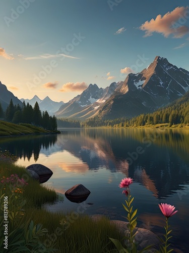 A turquoise lake reflects snow-capped mountains in Banff National Park  with a lone paddler enjoying the summer scenery