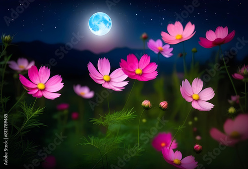 A full moon in a purple sky with cosmos flowers