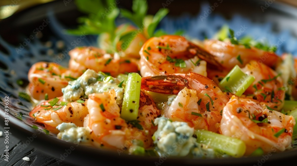 American cuisine. Spicy shrimp with blue cheese and celery. American cuisine. Spicy shrimp with blue cheese and celery.