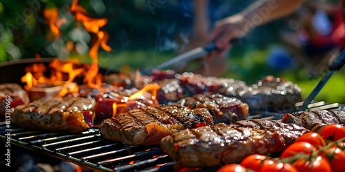 Background of people at barbecue party grilling steaks and meats outdoors. Concept Barbecue Party, Grilling Steaks, Outdoor Cookout, Socializing Outdoors, Summer Gathering photo