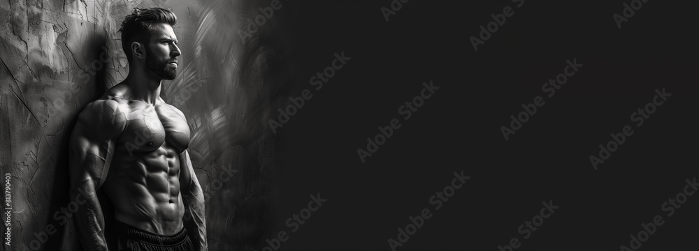 Fototapeta premium Bodybuilding fitness banner with muscular bodybuilder flexing muscles posing on black background