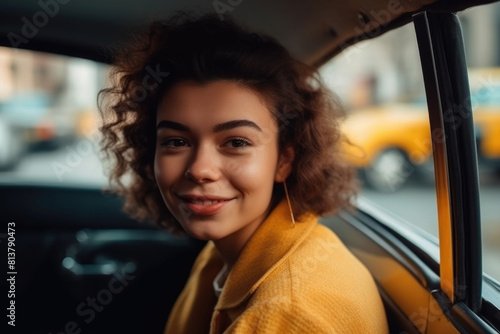 A young woman with curly hair sitting in the backseat of a taxi, looking out the window © sommersby