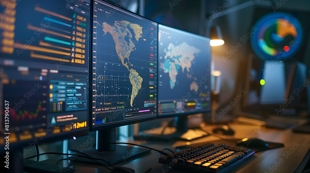 Meteorologist’s Desk Featuring Monitor Screens Showing Data and World Map Meteorologist’s Desk Featuring Monitor Screens Showing Data and World Map