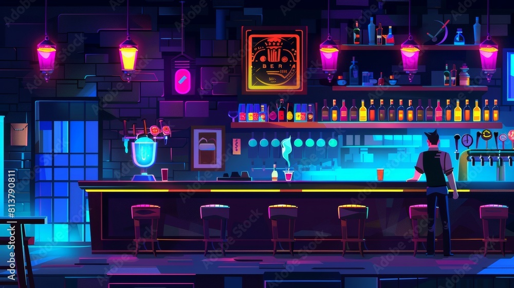 Modern illustration background of pub or bar counter. Nightclub restaurant interior with stool, alcohol cocktail and barista man. Beer pump near neon signboard and male bartender. Party in night Modern illustration background of pub or bar counter. Nightclub restaurant interior with stool, alcohol cocktail and barista man. Beer pump near neon signboard and male bartender. Party in night