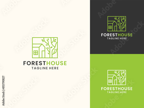 Simple line art minimalist forest house logo design photo