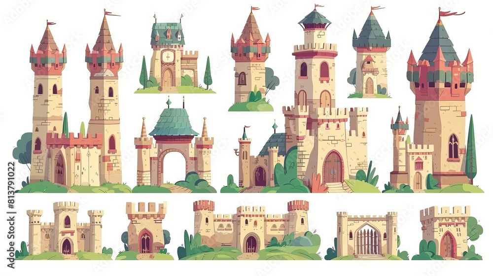 Imaginary fortresses, fairytale castles, and game design elements of medieval castles isolated on a black background. Modern illustration of stone towers, arch windows and entrance gates. Imaginary fortresses, fairytale castles, and game design elements of medieval castles isolated on a black background. Modern illustration of stone towers, arch windows and entrance gates.