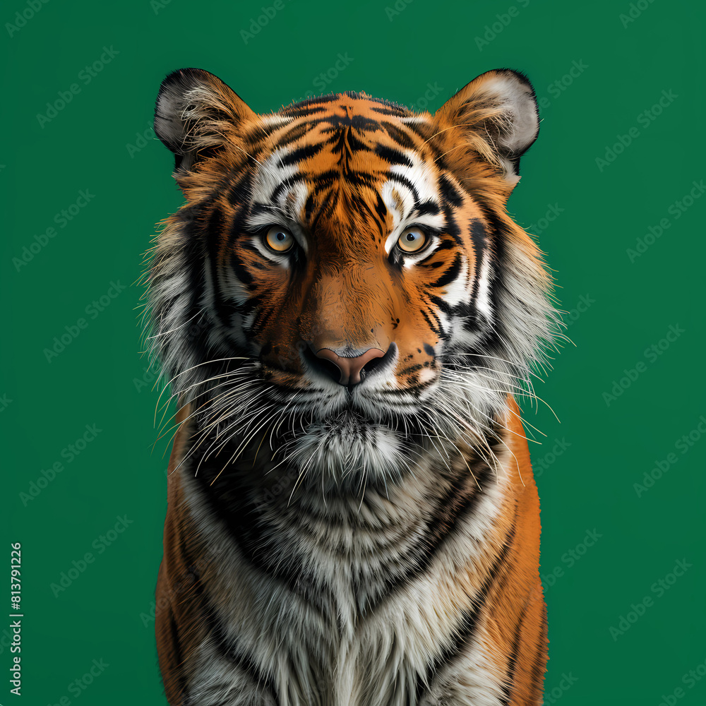 Fototapeta premium Full body of tiger on solid green screen background, fashion photography, evenly lighting