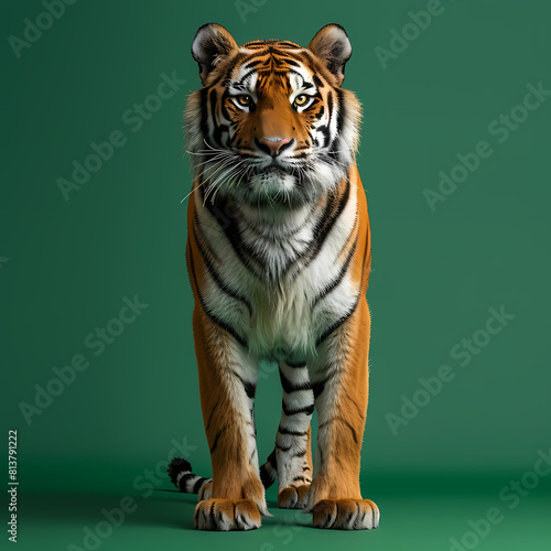 Full body of tiger on solid green screen background  fashion photography  evenly lighting