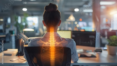 Woman in office experiencing neck pain with highlighted spine visible, potentially indicative of a syndrome. Concept Neck Pain, Office Syndrome, Spine Health, Occupational Health, Medical Diagnosis photo