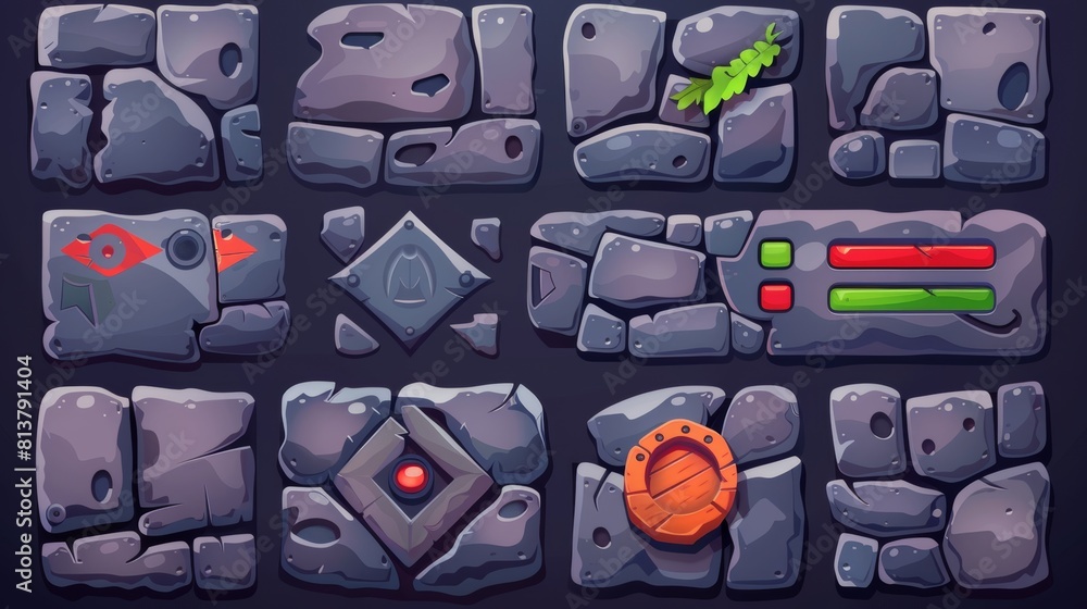 The stone game UI frames and buttons are isolated against a black ...