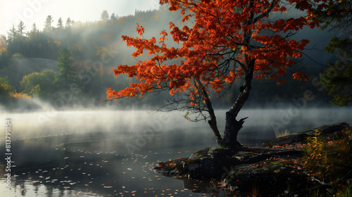 Lonely bright autumn tree on the shore of a foggy lake photo