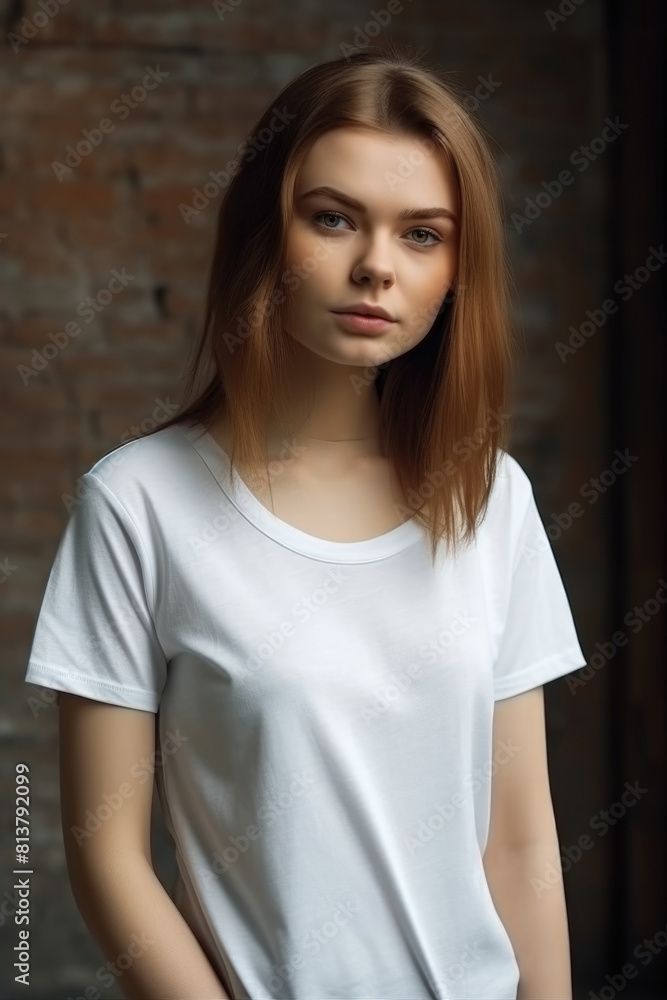 A young woman wearing a white t-shirt stands confidently A young woman wearing a white t-shirt stands confidently