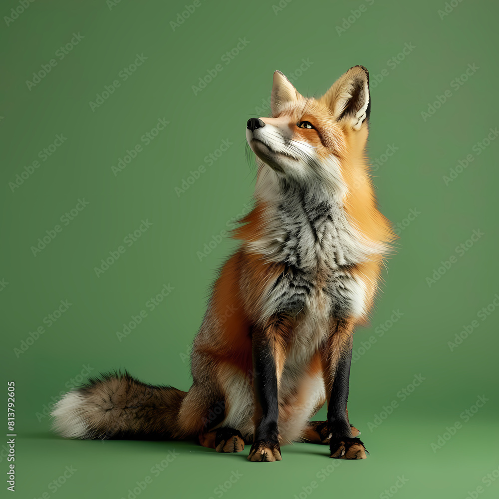 Fototapeta premium Full body of fox on solid green screen background, fashion photography, evenly lighting